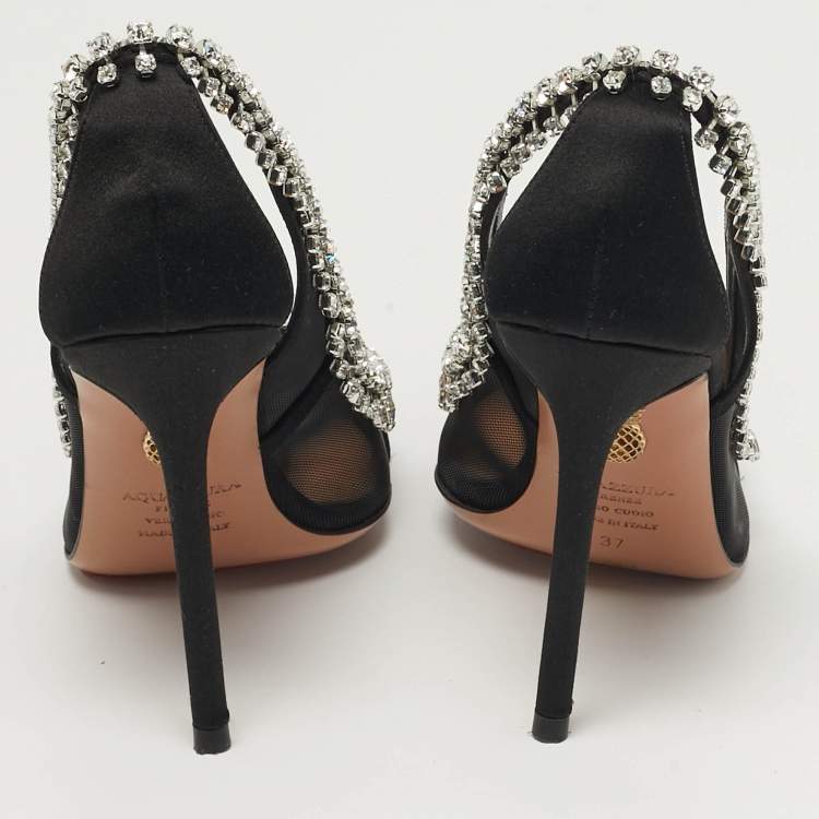 Pre Owned Aquazzura Crystal Crush Size 37 Black Mesh and Satin Pumps