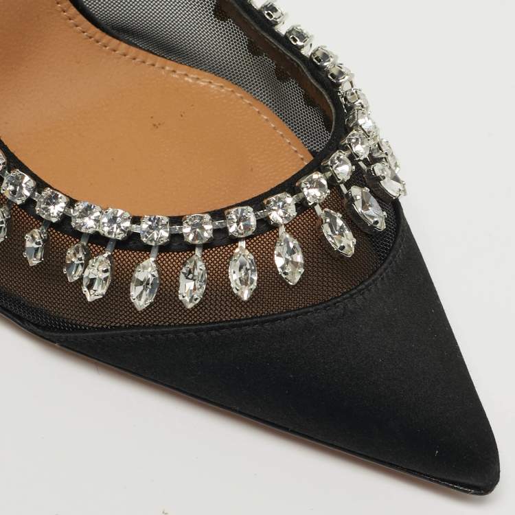 Pre Owned Aquazzura Crystal Crush Size 37 Black Mesh and Satin Pumps
