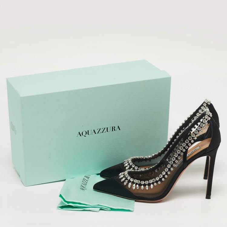 Pre Owned Aquazzura Crystal Crush Size 37 Black Mesh and Satin Pumps