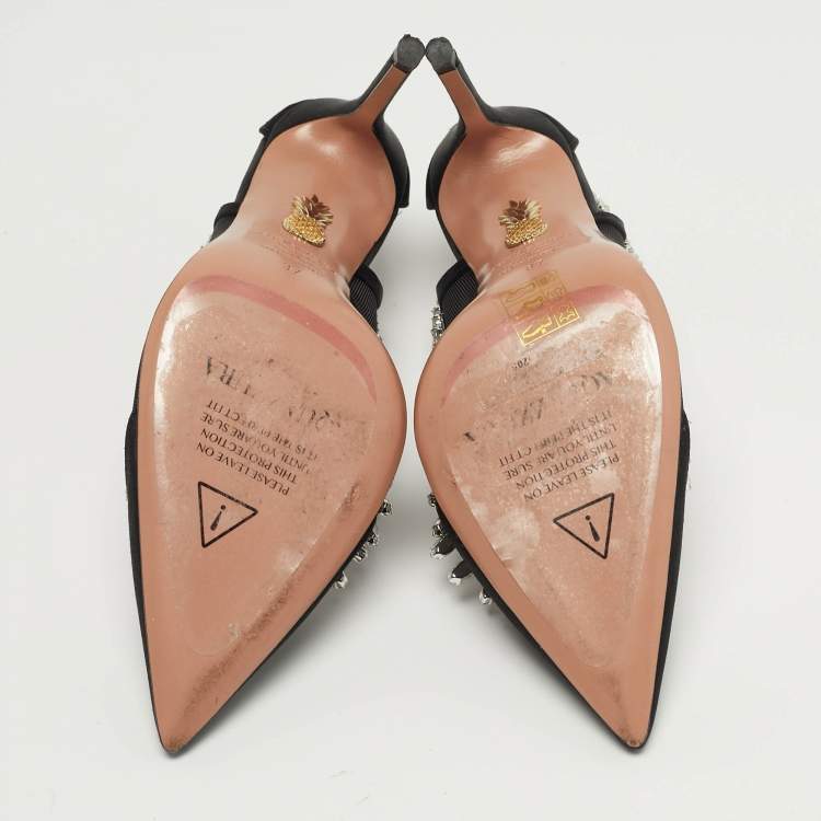 Pre Owned Aquazzura Crystal Crush Size 37 Black Mesh and Satin Pumps