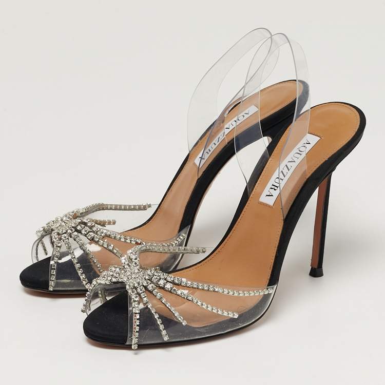 Pre Owned Aquazzura Sunshine Size 37.5 Transparent PVC Crystal Embellished Peep Toe Slingback Pumps