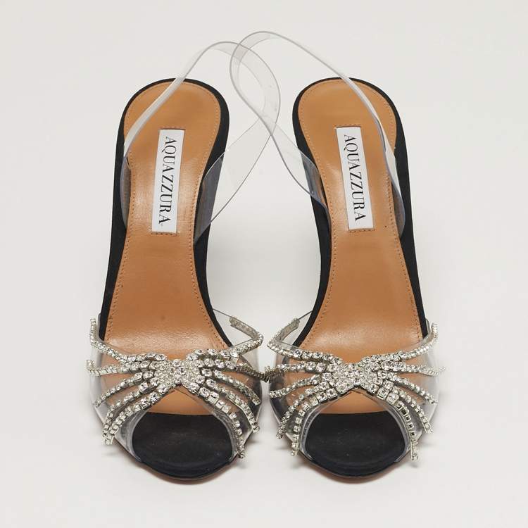 Pre Owned Aquazzura Sunshine Size 37.5 Transparent PVC Crystal Embellished Peep Toe Slingback Pumps