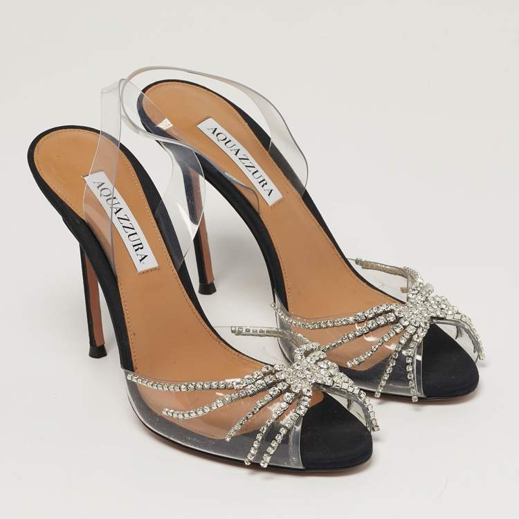 Pre Owned Aquazzura Sunshine Size 37.5 Transparent PVC Crystal Embellished Peep Toe Slingback Pumps