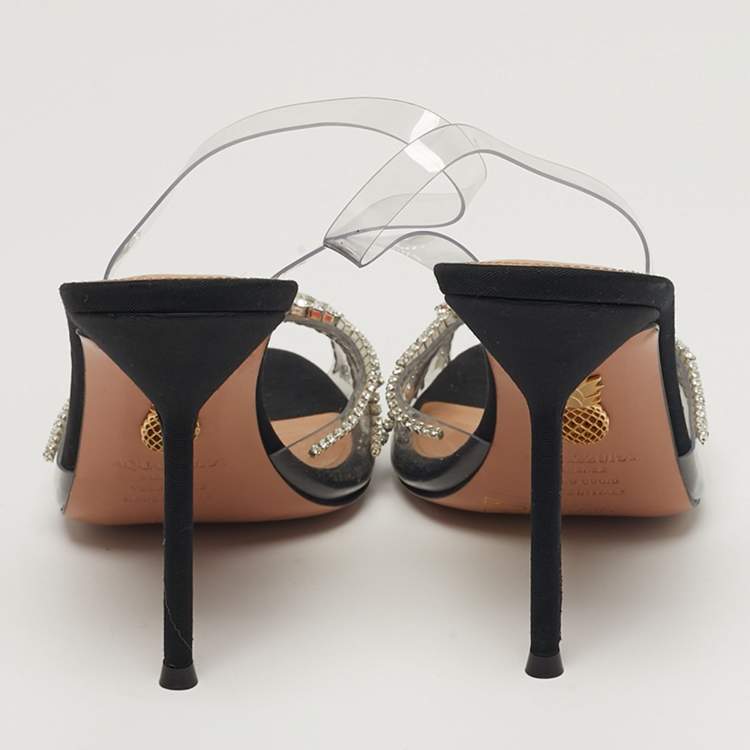 Pre Owned Aquazzura Sunshine Size 37.5 Transparent PVC Crystal Embellished Peep Toe Slingback Pumps