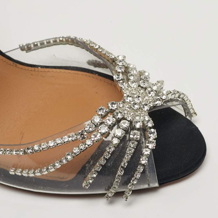Pre Owned Aquazzura Sunshine Size 37.5 Transparent PVC Crystal Embellished Peep Toe Slingback Pumps