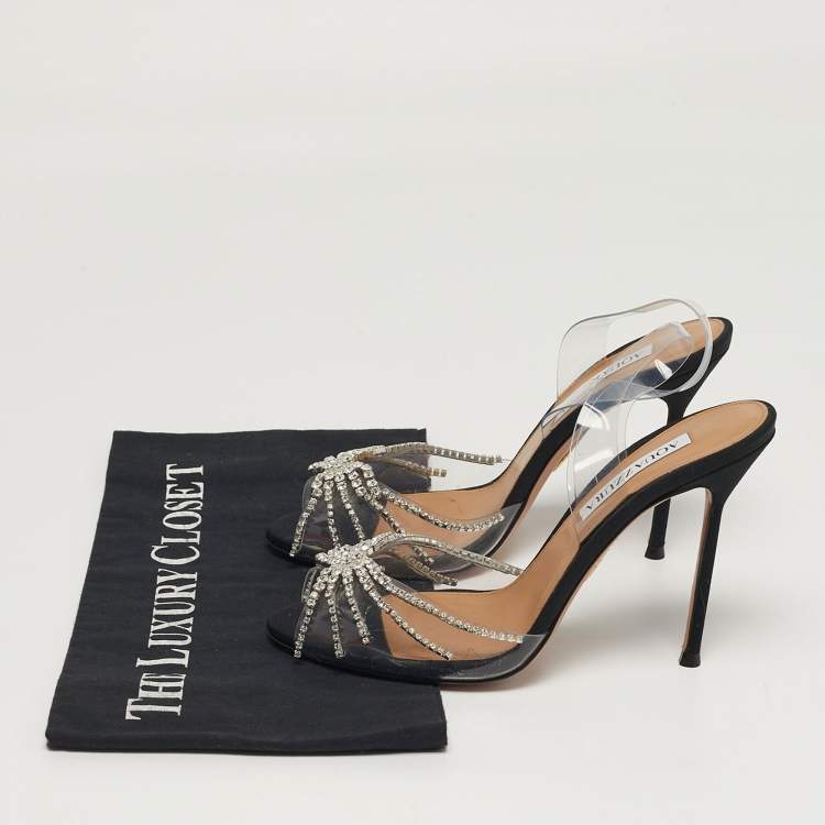 Pre Owned Aquazzura Sunshine Size 37.5 Transparent PVC Crystal Embellished Peep Toe Slingback Pumps