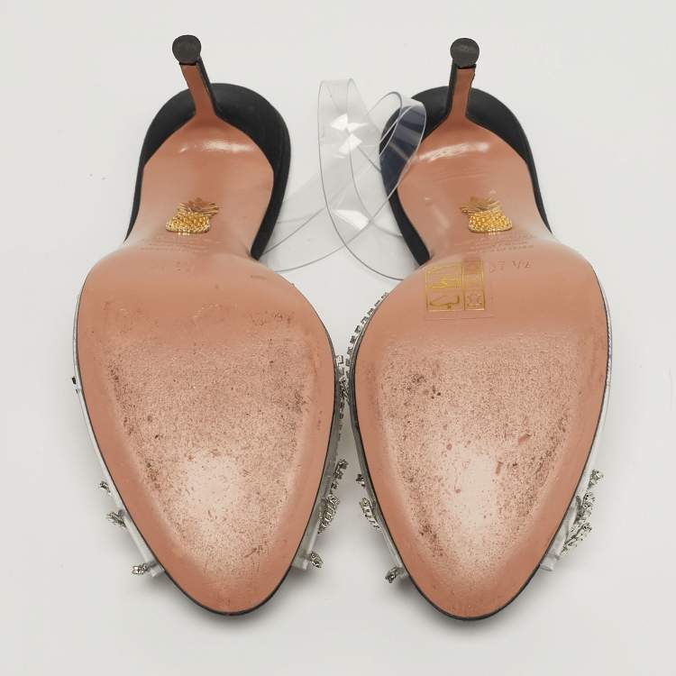 Pre Owned Aquazzura Sunshine Size 37.5 Transparent PVC Crystal Embellished Peep Toe Slingback Pumps