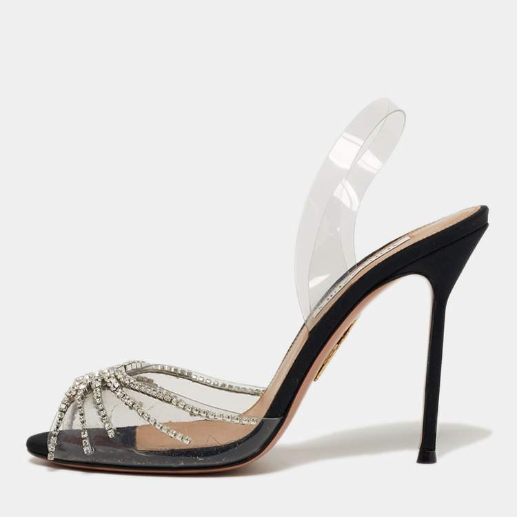 Pre Owned Aquazzura Sunshine Size 37.5 Transparent PVC Crystal Embellished Peep Toe Slingback Pumps