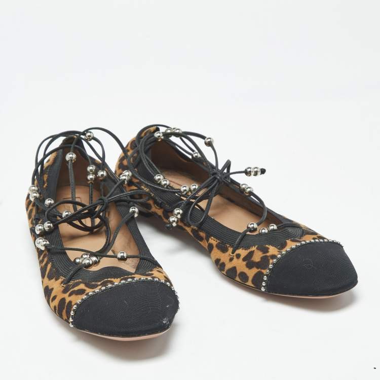 Pre Owned Aquazzura Size 37 Brown/Black Leopard Print Suede and Fabric Tie Up Ballet Flats