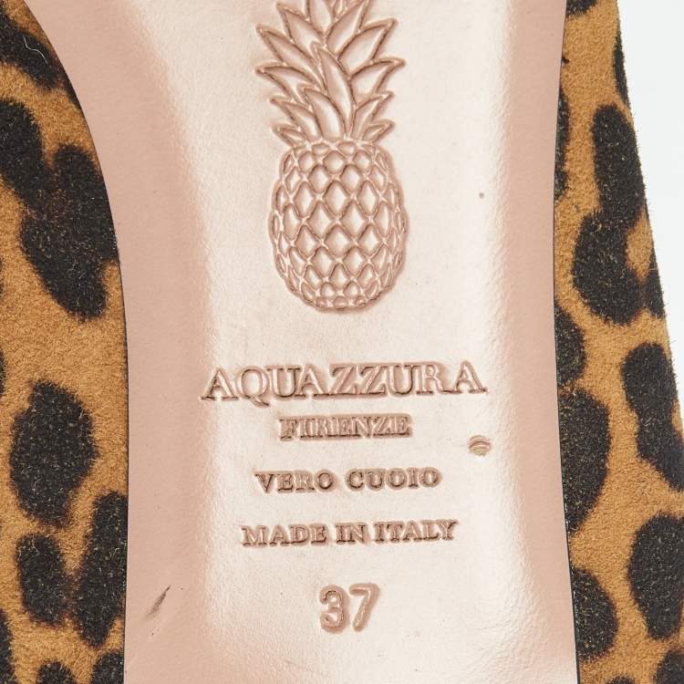 Pre Owned Aquazzura Size 37 Brown/Black Leopard Print Suede and Fabric Tie Up Ballet Flats