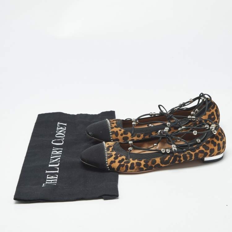 Pre Owned Aquazzura Size 37 Brown/Black Leopard Print Suede and Fabric Tie Up Ballet Flats