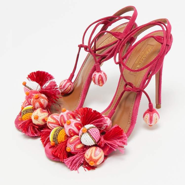 Pre Owned Aquazzura Paradise Size 35.5 Pink Suede Tropicana Beaded Tassel Ankle Strap Sandals