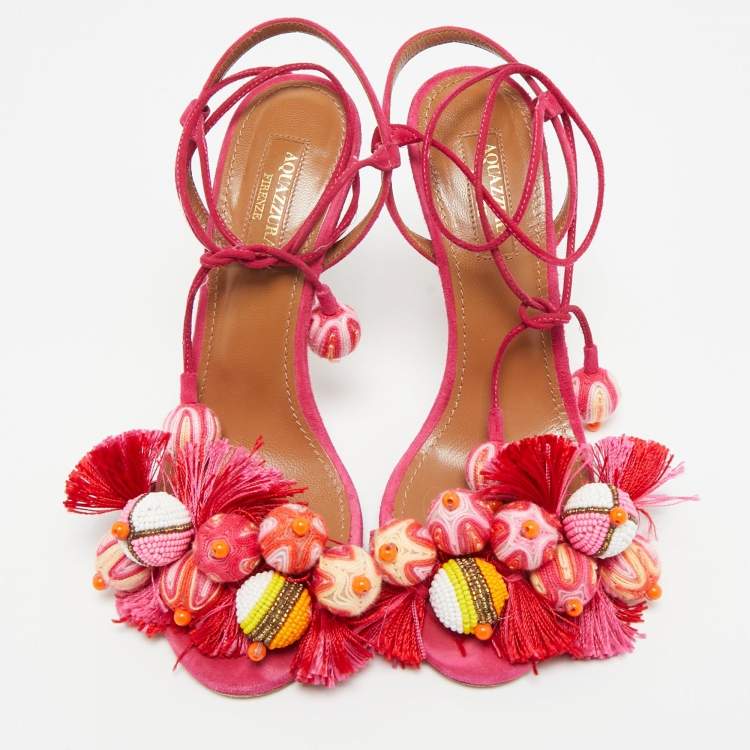Pre Owned Aquazzura Paradise Size 35.5 Pink Suede Tropicana Beaded Tassel Ankle Strap Sandals