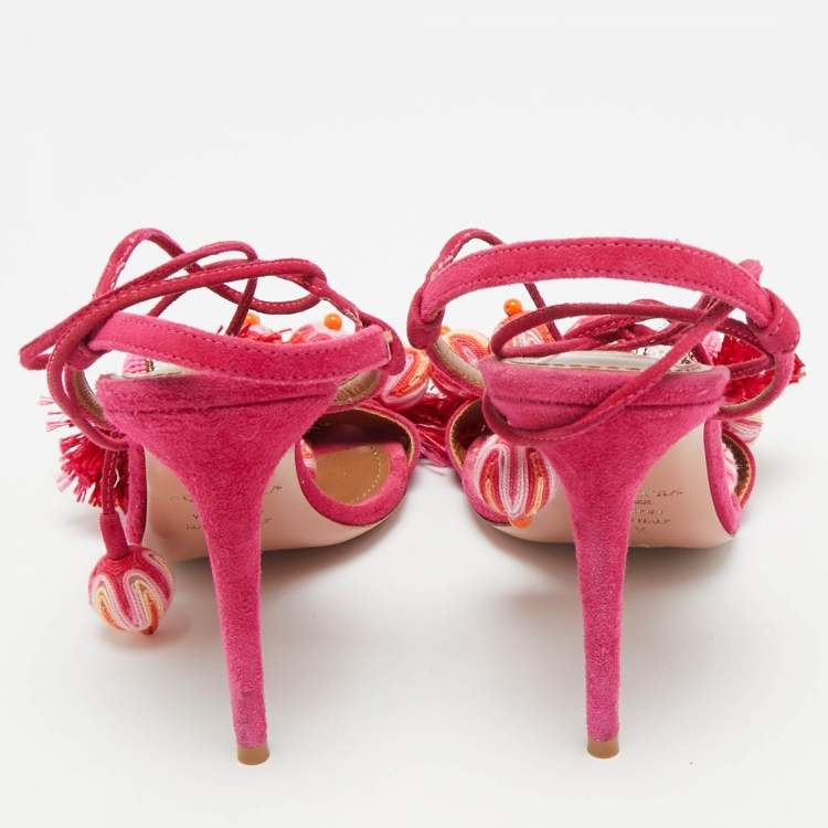 Pre Owned Aquazzura Paradise Size 35.5 Pink Suede Tropicana Beaded Tassel Ankle Strap Sandals