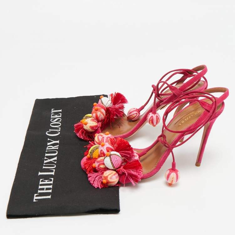 Pre Owned Aquazzura Paradise Size 35.5 Pink Suede Tropicana Beaded Tassel Ankle Strap Sandals