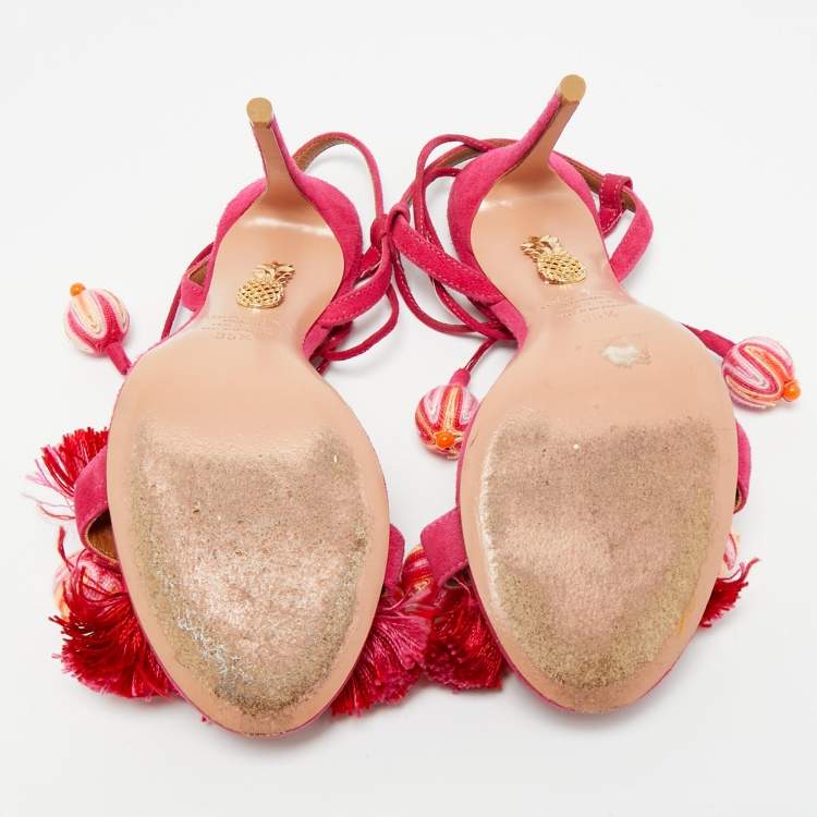 Pre Owned Aquazzura Paradise Size 35.5 Pink Suede Tropicana Beaded Tassel Ankle Strap Sandals