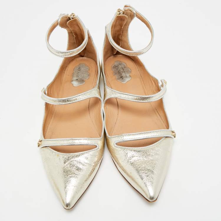 Pre Owned Aquazzura Sunny Star Size 37.5 Silver Metallic Leather Ankle Strap Ballet Flats