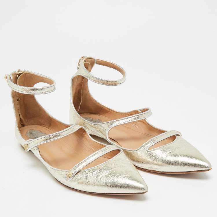 Pre Owned Aquazzura Sunny Star Size 37.5 Silver Metallic Leather Ankle Strap Ballet Flats