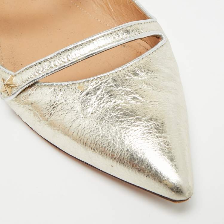 Pre Owned Aquazzura Sunny Star Size 37.5 Silver Metallic Leather Ankle Strap Ballet Flats