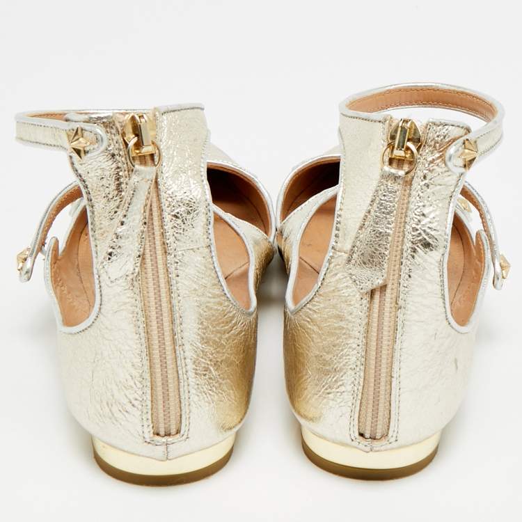 Pre Owned Aquazzura Sunny Star Size 37.5 Silver Metallic Leather Ankle Strap Ballet Flats