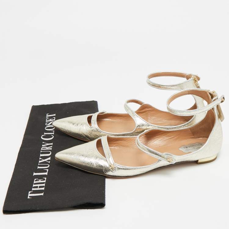 Pre Owned Aquazzura Sunny Star Size 37.5 Silver Metallic Leather Ankle Strap Ballet Flats