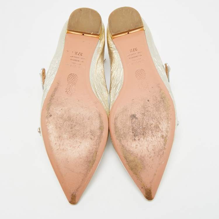 Pre Owned Aquazzura Sunny Star Size 37.5 Silver Metallic Leather Ankle Strap Ballet Flats