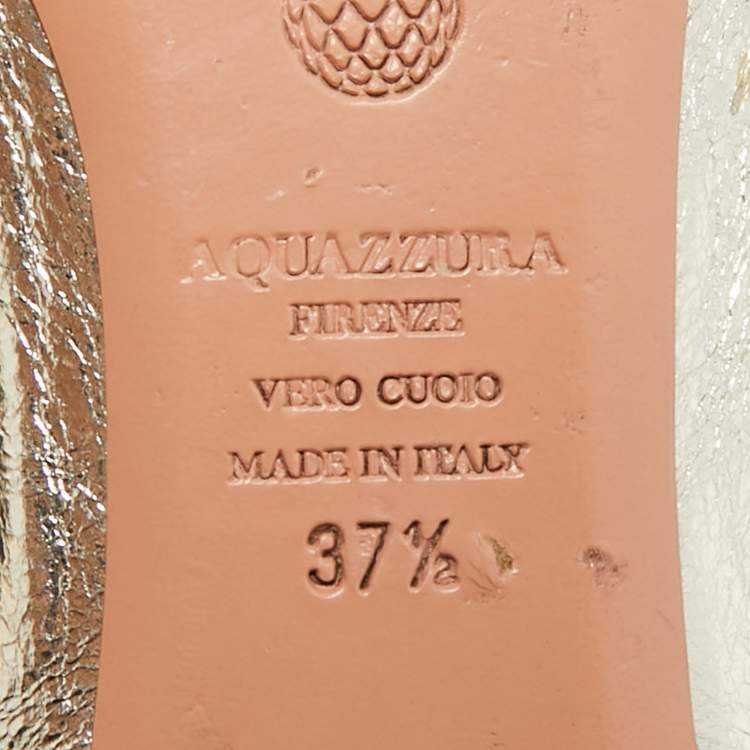 Pre Owned Aquazzura Sunny Star Size 37.5 Silver Metallic Leather Ankle Strap Ballet Flats