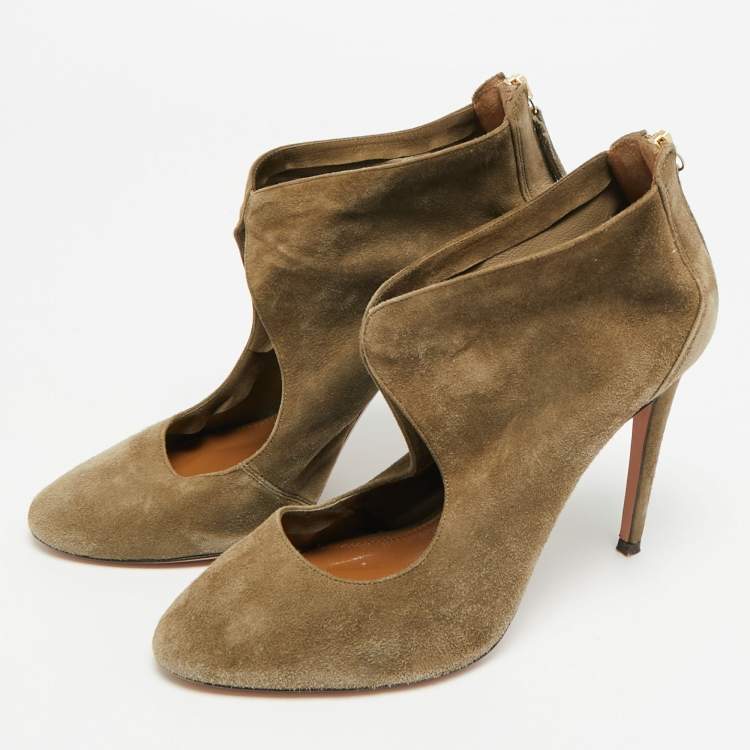 Pre Owned Aquazzura Size 37.5 Olive Green Suede Ankle Booties