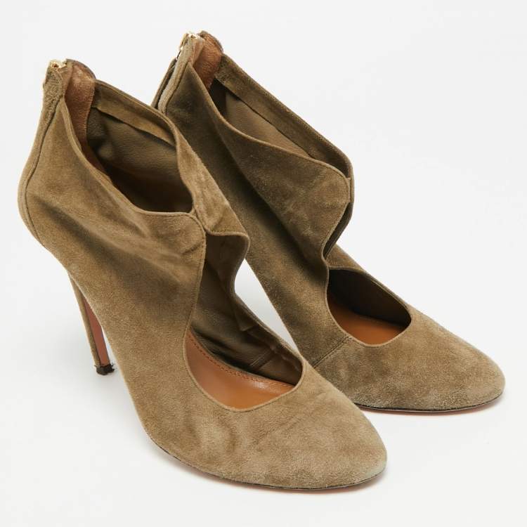 Pre Owned Aquazzura Size 37.5 Olive Green Suede Ankle Booties