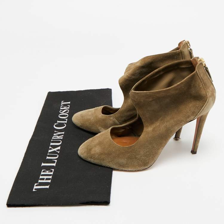 Pre Owned Aquazzura Size 37.5 Olive Green Suede Ankle Booties