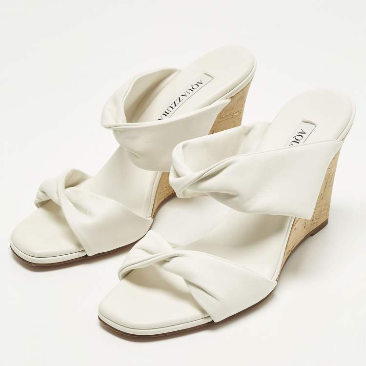 مملوكة مسبقًا Aquazzura Size 38.5 White Leather Cork Wedge Sandals