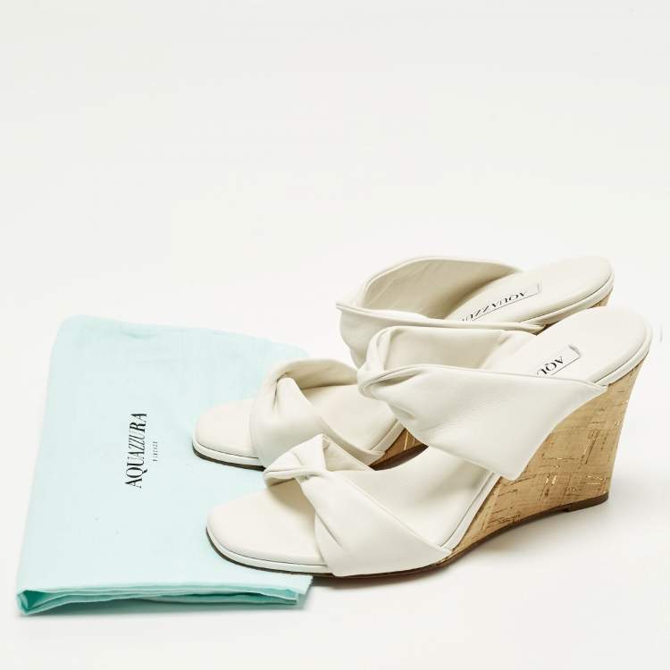 مملوكة مسبقًا Aquazzura Size 38.5 White Leather Cork Wedge Sandals
