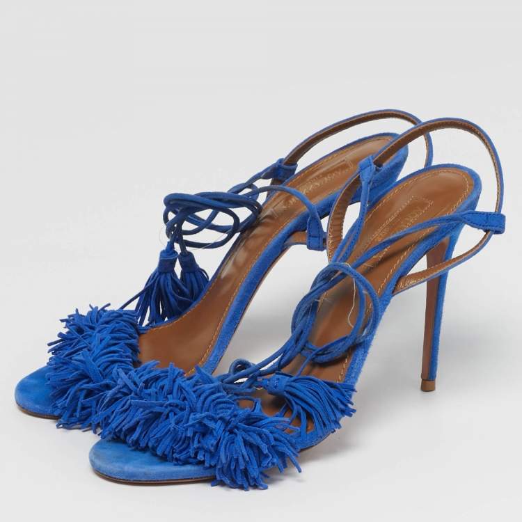 Pre Owned Aquazzura Wild Thing Size 38 Blue Fringe Suede Tassel Ankle Wrap Sandals