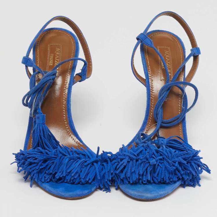 Pre Owned Aquazzura Wild Thing Size 38 Blue Fringe Suede Tassel Ankle Wrap Sandals