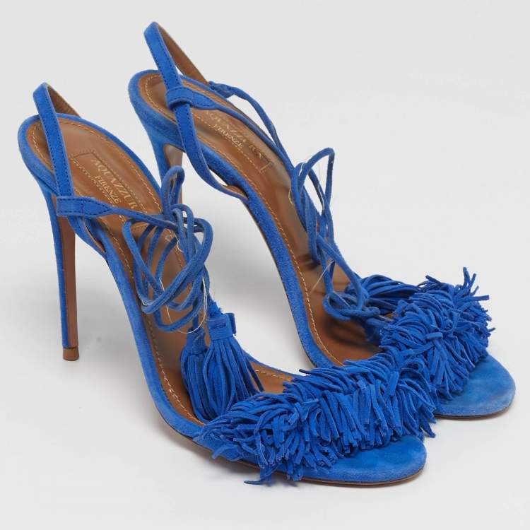 Pre Owned Aquazzura Wild Thing Size 38 Blue Fringe Suede Tassel Ankle Wrap Sandals