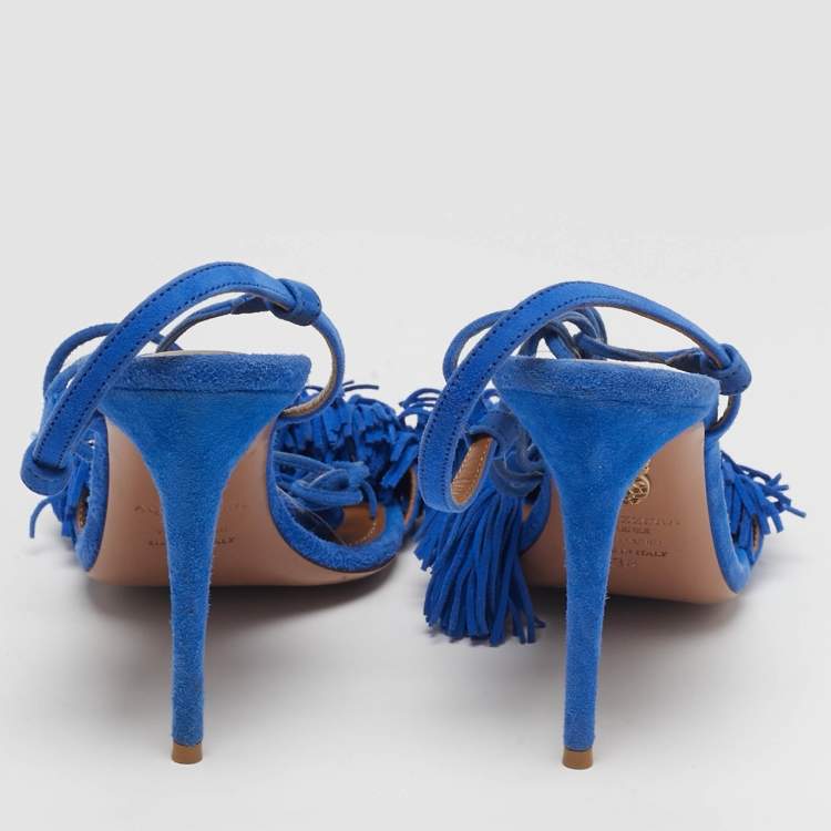 Pre Owned Aquazzura Wild Thing Size 38 Blue Fringe Suede Tassel Ankle Wrap Sandals