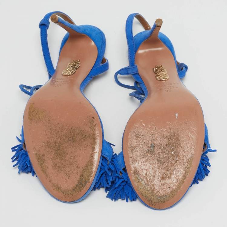 Pre Owned Aquazzura Wild Thing Size 38 Blue Fringe Suede Tassel Ankle Wrap Sandals