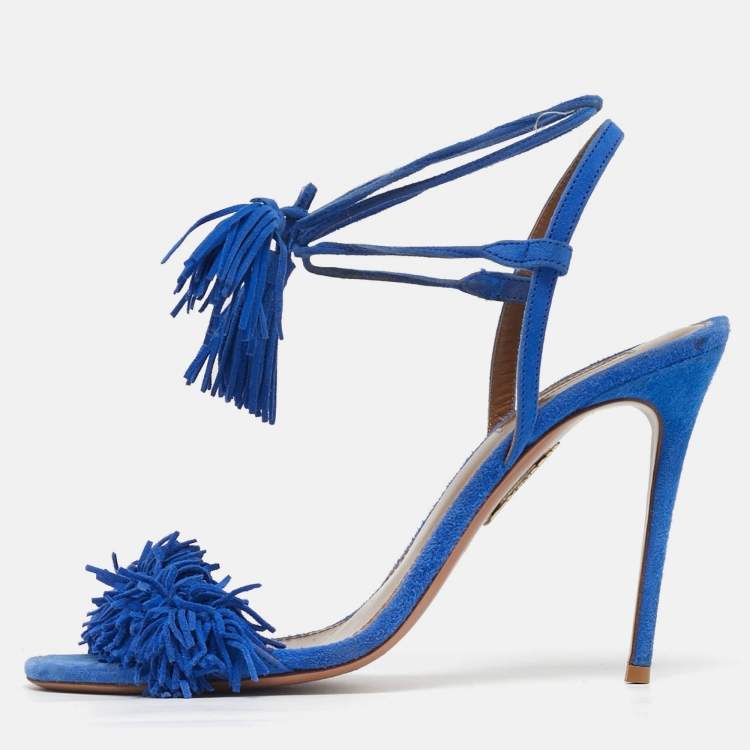 Pre Owned Aquazzura Wild Thing Size 38 Blue Fringe Suede Tassel Ankle Wrap Sandals