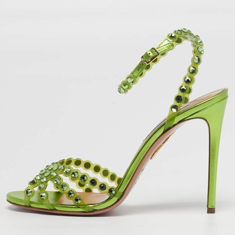 Pre Owned Aquazzura Tequila Plexi  Size 39.5 Green PVC Ankle Strap Sandals