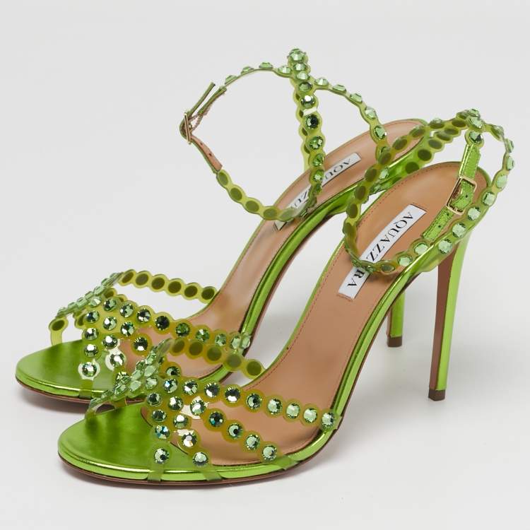 Pre Owned Aquazzura Tequila Plexi  Size 39.5 Green PVC Ankle Strap Sandals