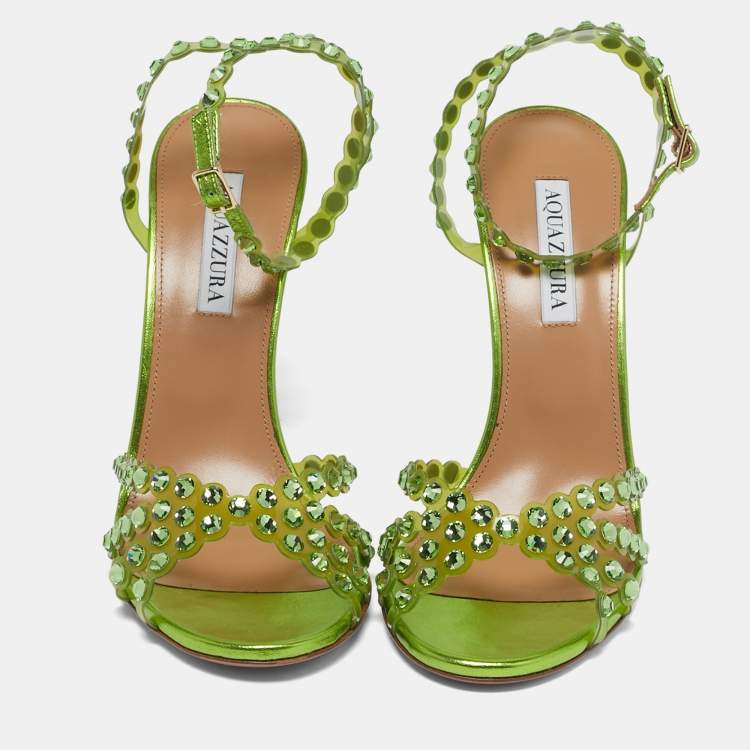 Pre Owned Aquazzura Tequila Plexi  Size 39.5 Green PVC Ankle Strap Sandals
