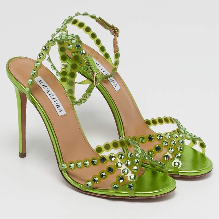 Pre Owned Aquazzura Tequila Plexi  Size 39.5 Green PVC Ankle Strap Sandals
