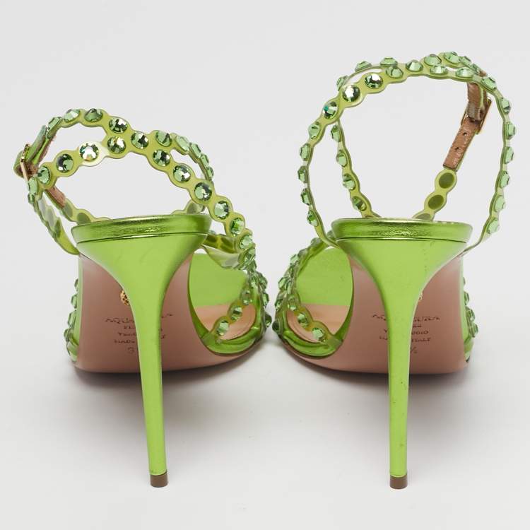 Pre Owned Aquazzura Tequila Plexi  Size 39.5 Green PVC Ankle Strap Sandals
