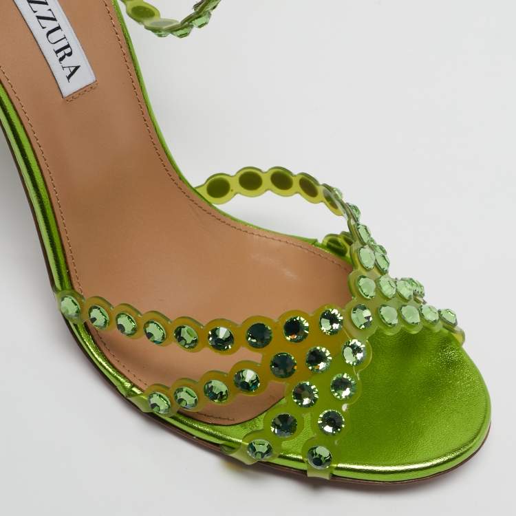Pre Owned Aquazzura Tequila Plexi  Size 39.5 Green PVC Ankle Strap Sandals