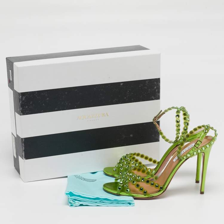 Pre Owned Aquazzura Tequila Plexi  Size 39.5 Green PVC Ankle Strap Sandals