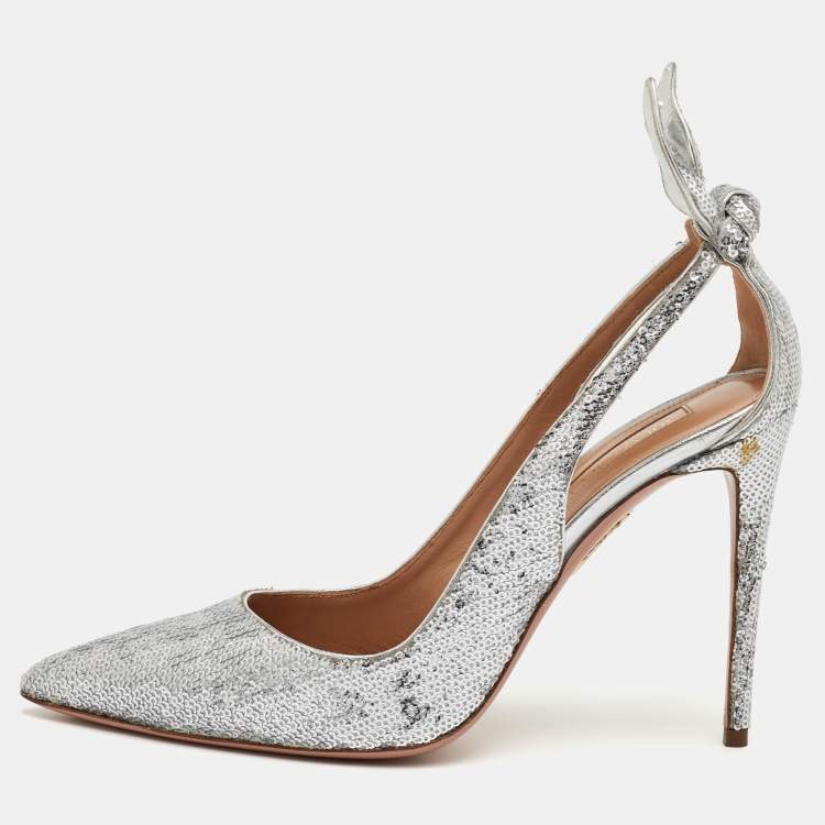 Pre Owned Aquazzura Bow Tie Size 40.5 Metallic Silver Sequins Pointed Toe Pumps