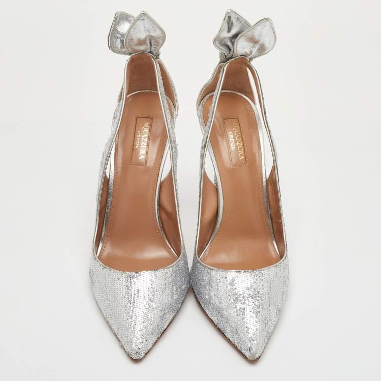 Pre Owned Aquazzura Bow Tie Size 40.5 Metallic Silver Sequins Pointed Toe Pumps
