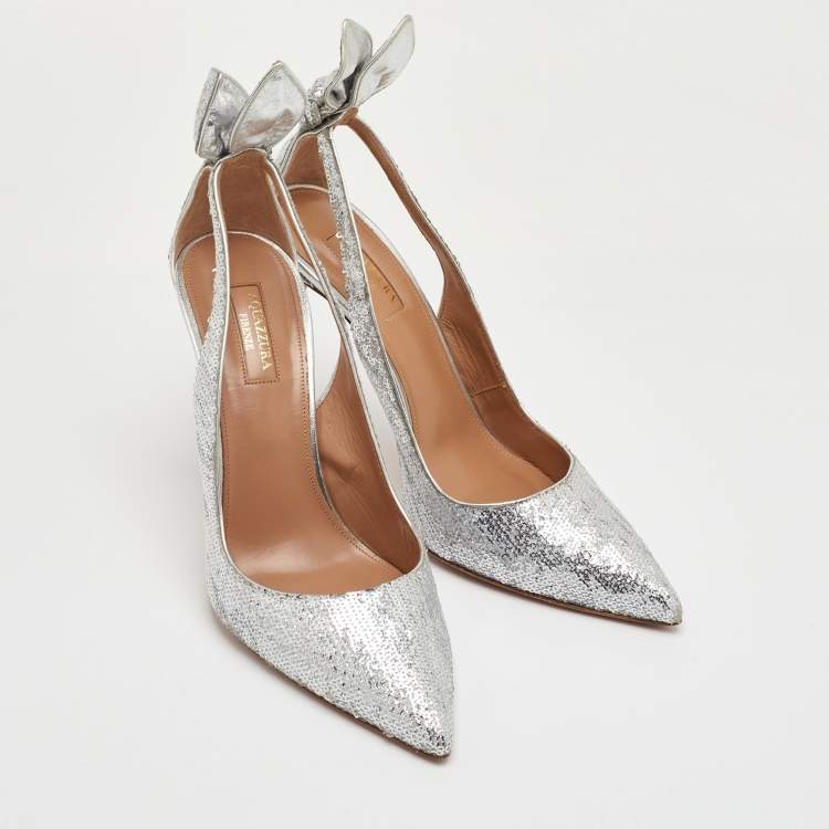 Pre Owned Aquazzura Bow Tie Size 40.5 Metallic Silver Sequins Pointed Toe Pumps