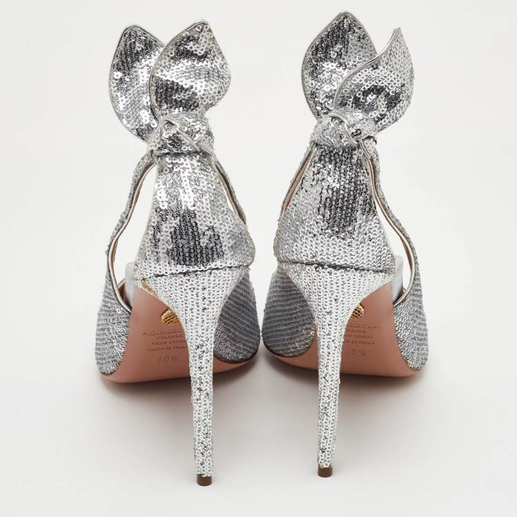 Pre Owned Aquazzura Bow Tie Size 40.5 Metallic Silver Sequins Pointed Toe Pumps