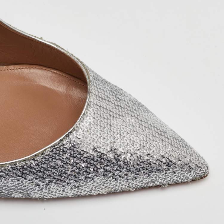 Pre Owned Aquazzura Bow Tie Size 40.5 Metallic Silver Sequins Pointed Toe Pumps